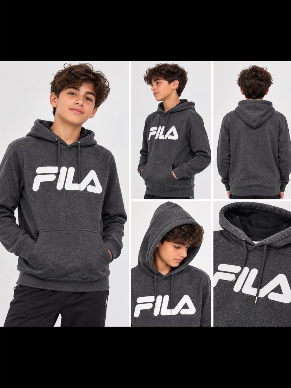 Fila Charcoal Gray Pullover Hoodie with White Logo